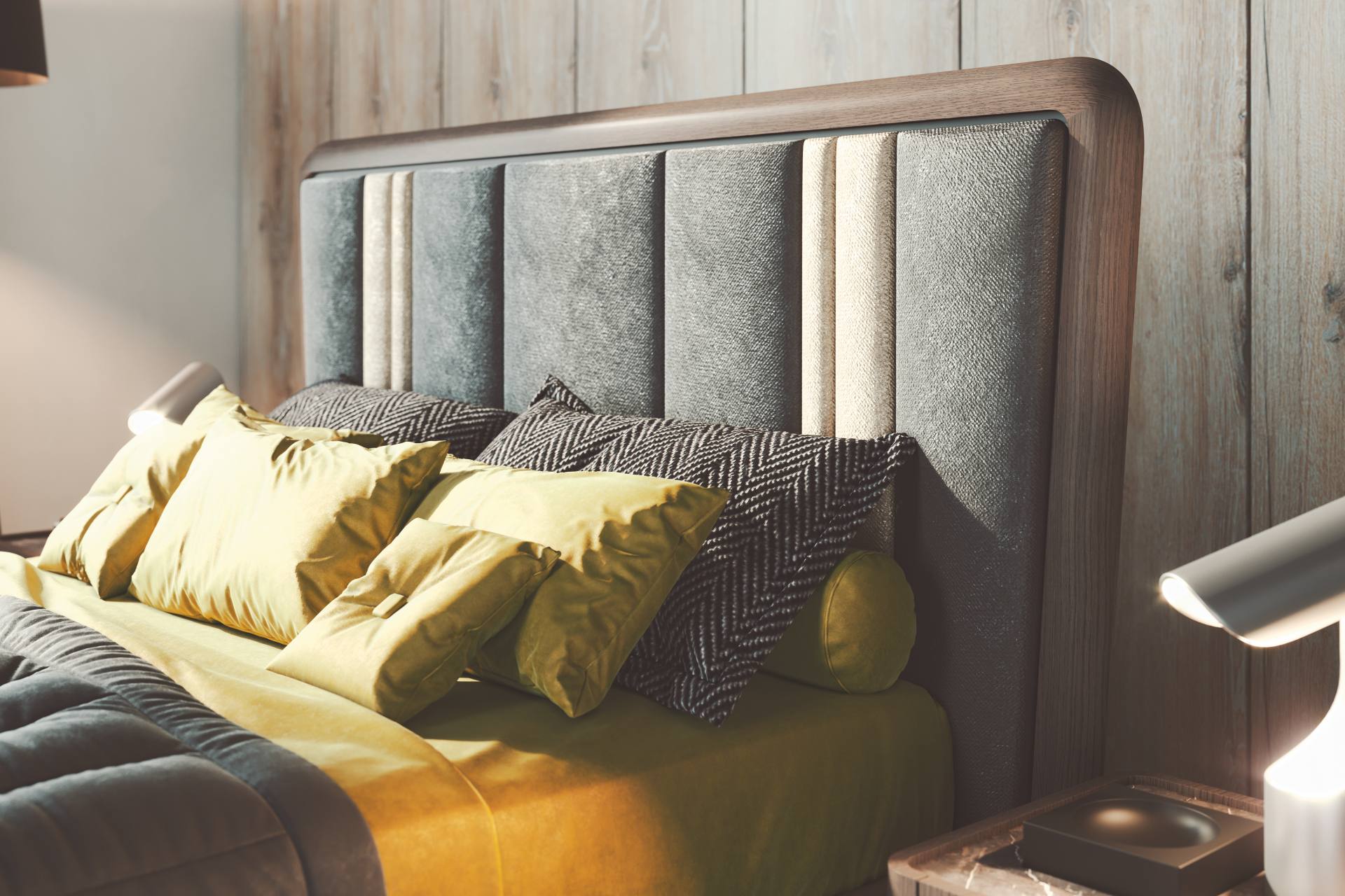 Détail de lit double et sa tétière dans une chambre contemporaine Story