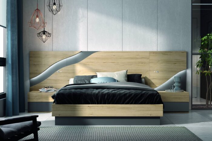 Lit double dans une chambre moderne vu de face