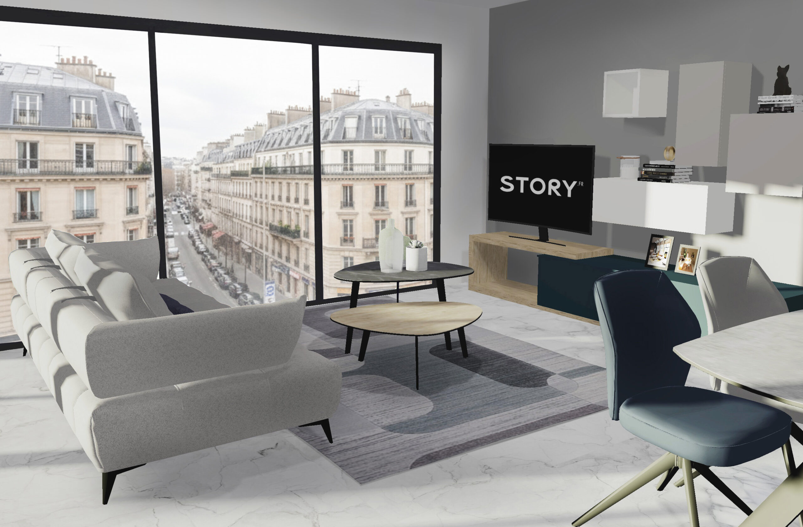 Vue salon appartement haussmannien paris avec meubles story en rendu 3D