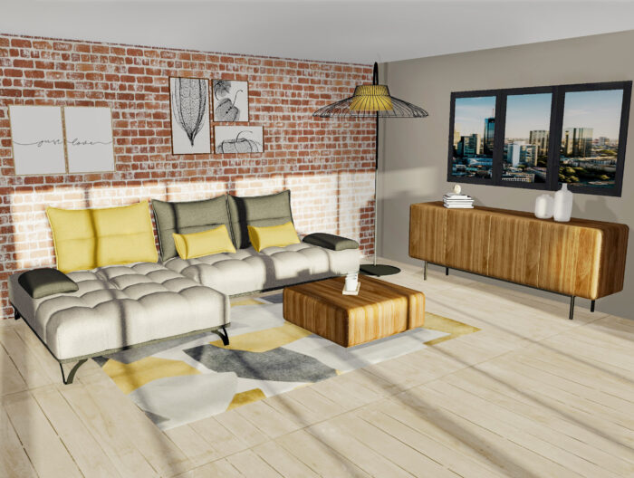 mise en perspective 3D salon avec meubles story